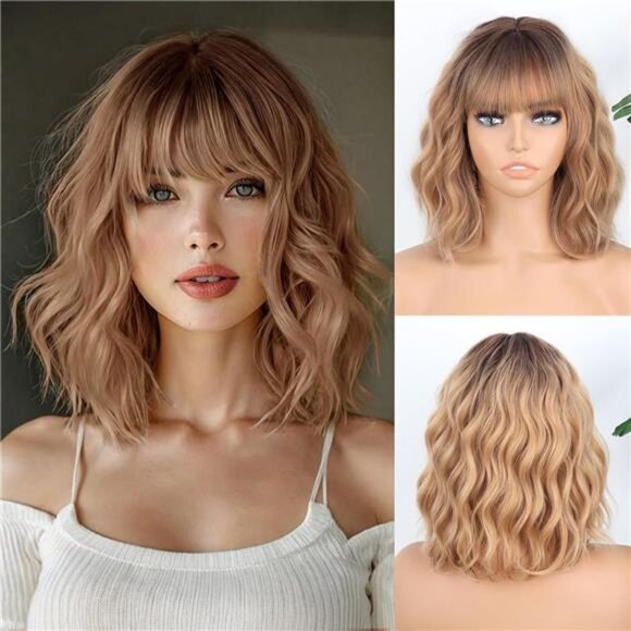 Short Blonde Wig with Bangs Synthetic Curly Wavy Ombre Blonde Wigs